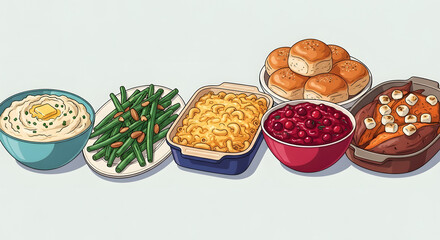 A Thanksgiving feast featuring mashed potatoes, green beans, mac and cheese, cranberry sauce, and sweet potatoes with marshmallows
