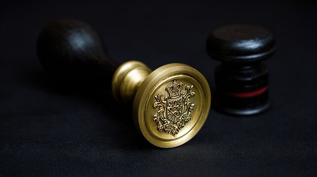 heraldry. A prestigious gold seal stands out against a dark textured backdrop, radiating ceremonial elegance. event programs.