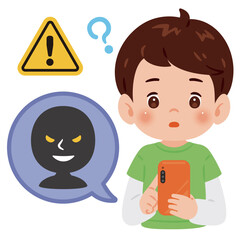 スマートフォンによる犯罪と男の子　上半身イラスト／Boy with Smartphone, Criminal Silhouette in Speech Bubble, and Warning Sign