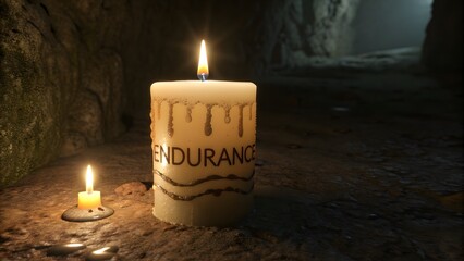 A candle burning steadily in a dark cavernous spa setting