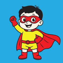 Cute simple vector illustration of a little child wearing a yellow and red superhero costume, designed in minimalist style symbolizing courage, imagination, and joyful childhood energy.