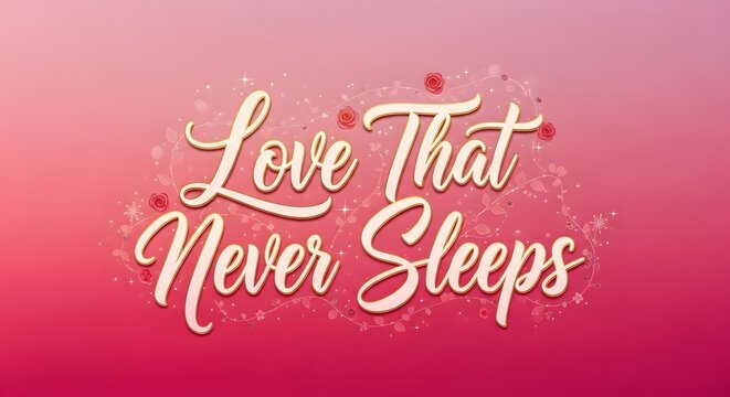A romantic and inspiring graphic with the phrase 'Love That Never Sleeps' written in elegant script on a soft pink background decorated with roses and sparkles