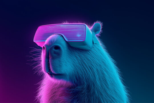 A capybara wearing vr headset illuminated by neon lights in a dark background