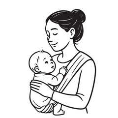 Vector artwork of a calm mother holding her baby close to her chest, representing peace and comfort, illustrated in minimalist black and white for emotional simplicity.