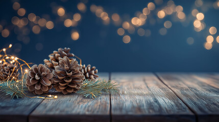 A rustic holiday still life, featuring a cluster of pine cones and festive string lights on a wooden surface, set against a blurred background, evokes the spirit of cozy gatherings. 