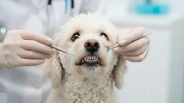 Veterinarian inspecting dog’s teeth with dental tools in bright clinic - Powered by Adobe