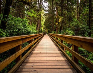 Wooden Bridge Pathway Through Lush Green Forest