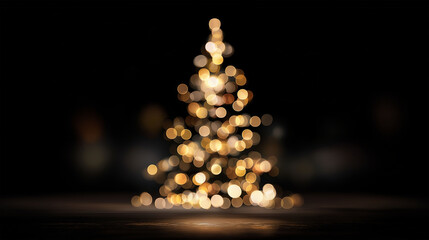 Fototapeta premium Golden bokeh lights coalesce to form a festive Christmas tree, radiating warmth and cheer against a dark backdrop. The blurred lights create a magical and enchanting atmosphere of the holiday season.