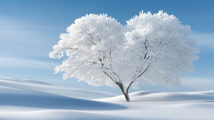 A solitary snow covered tree stands in a serene winter landscape under a blue sky
