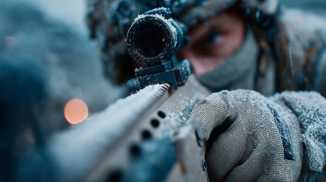 A soldier aiming a rifle with a scope in a snowy environment during winter season