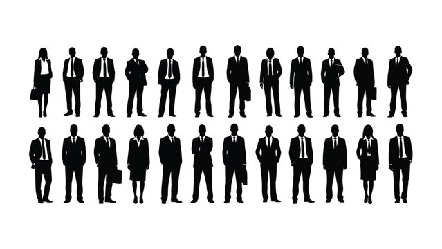 Vector silhouettes set of business people. Large group of standing corporate professionals (men and women) in suits, isolated for team illustration.