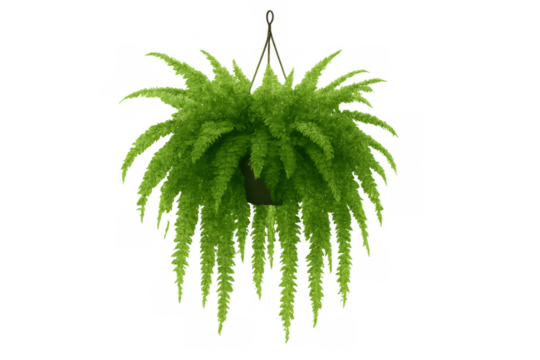 Lush green fern houseplant in a hanging pot, creating an indoor garden, natural decor element on transparent background