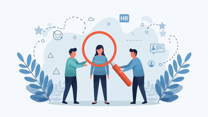 HR Search and Selection Process Illustration. Two recruiters use a magnifying glass to evaluate a female job candidate, symbolizing talent acquisition and employee assessment.