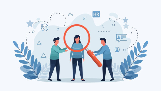 HR Search and Selection Process Illustration. Two recruiters use a magnifying glass to evaluate a female job candidate, symbolizing talent acquisition and employee assessment.