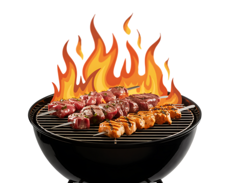 Meat skewers cooking on a barbecue grill with flames isolated on transparent background