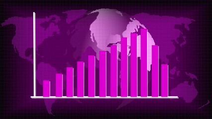 Purple Bar Chart and Dotted Globe with World Map Overlay graph statistics animation.Vibrant purple bars layered on dotted globe with animated map overlay, visualizing abstract global business metrics. - Powered by Adobe