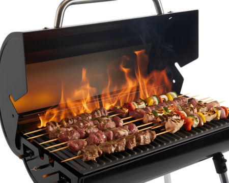 Barbecue grill with meat and vegetable skewers cooking over flames isolated on transparent background