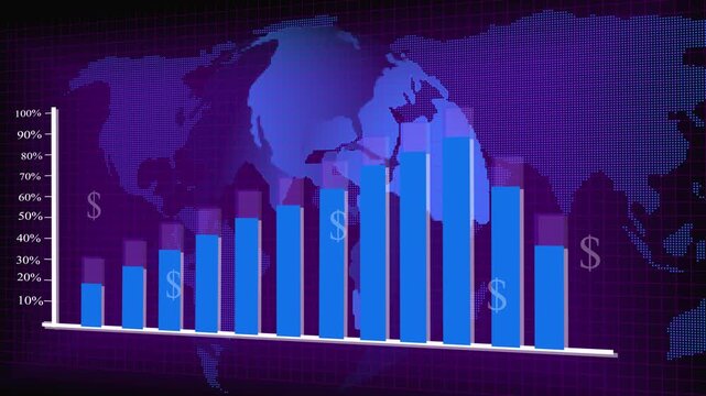 Blue Bar Chart with Dollar Signs and Dotted Globe on Purple Grid graph. Animated blue bars with dollar symbols layered on dotted globe and purple grid, illustrating economic data trends. - Powered by Adobe