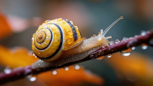 A snail with a spiral shell covered in raindrops rests on a twig, autumn backdrop