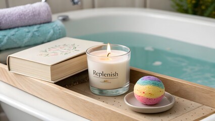 A lighted candle and bath bomb sitting on a tray