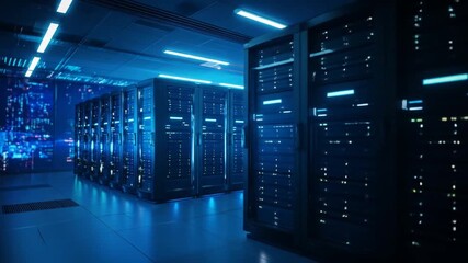 A computer server room with rows of racks under blue lighting. Building reflections are visible - Powered by Adobe
