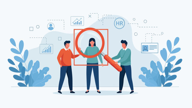 Professional HR Team Using Magnifying Glass to Select Best Candidate for Job Vacancy