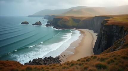 Dramatic coastal cliffs meet the ocean with rolling waves and a sandy beach
