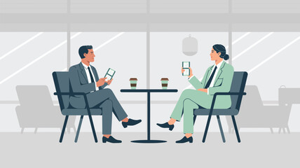 Fototapeta premium Business colleagues meet at a cafe looking at their phones during a coffee break in a bright office space
