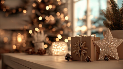 Capturing the spirit of the festive season with a delightful display of warm, soft lights, gifts, and charming decorations, the scene radiates a cozy and inviting atmosphere.