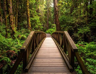 Wooden Bridge Through Lush Green Forest with Sunlight Filtering Through Trees Bright Natural Background Nature Scenery Path Landscape Scenic Tranquil Outdoor