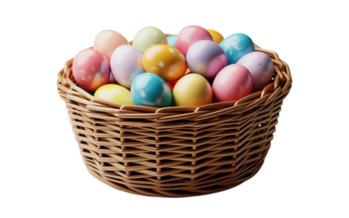 Wicker basket filled with colorful pastel easter eggs isolated on transparent background