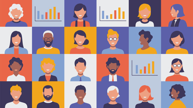 Illustration of diverse avatars in a grid with bar graphs representing a virtual meeting or conference