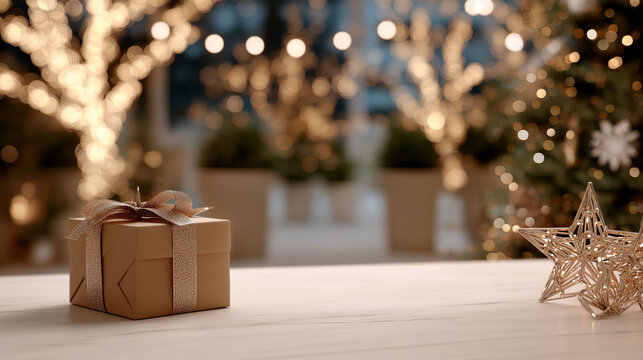A beautifully wrapped gift box sits on a wooden surface, festive with a gold star and soft bokeh lights, creating a warm, inviting atmosphere, perfect for the holiday season.