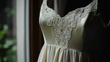 Obraz premium Close-up of a cream-colored nightgown with lace detailing, hanging near a window.