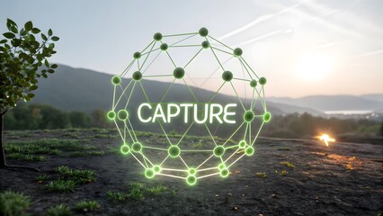 A neon visualization of carbon atoms being captured in the environment