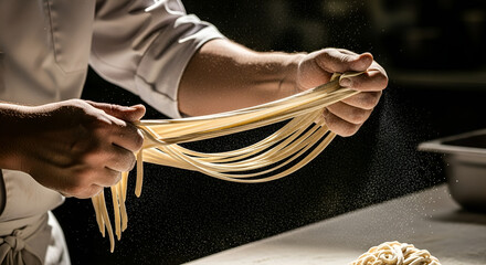 A chef stretching fresh pasta dough in a kitchen with flour dusting around the noodles and hands