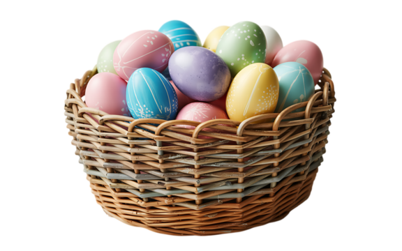 A woven basket overflowing with colorful pastel easter eggs, isolated on transparent background