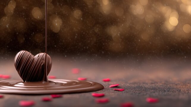 A heart-shaped chocolate piece is elegantly drizzled with melting chocolate, surrounded by red heart-shaped confetti, Perfect for Valentine's Day promotions, dessert menus, or romantic themes,