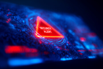 A digital security alert displayed in a glowing red triangle, set against a high-tech blue background, indicating a potential threat.