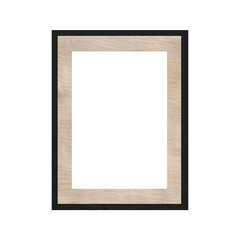 Obraz premium Modern black vertical photo frame with a light wood grain texture mat, isolated on a white background. 