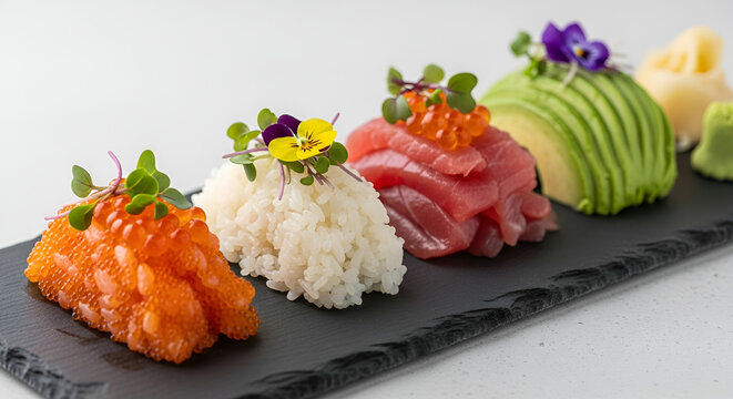 Assorted sushi pieces on a black slate plate with rice, fish, avocado and edible flower garnish