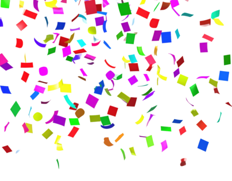 A 3D render of falling colorful confetti, mixed shapes, isolated on transparent background, PNG