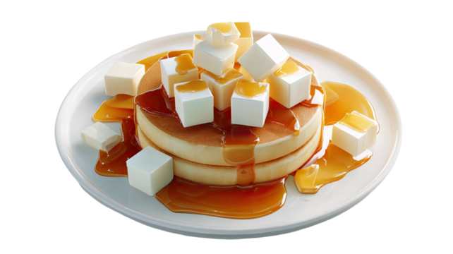 Stacked pancakes with butter cubes and syrup on a white plate