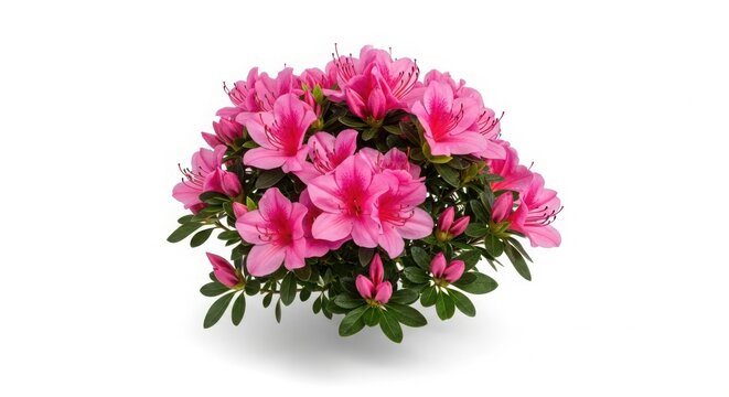 Vibrant pink azalea bush blooming with lush green leaves isolated on white background