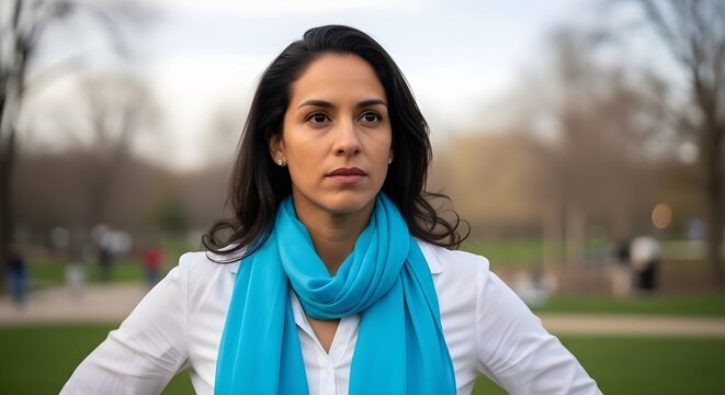 Determined Latina Woman in White Blouse and Turquoise Scarf With Determined Focused Expression Standing in Soft Spring Light. Hyperreal Outdoor Portrait