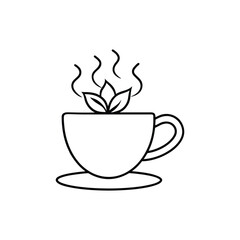 Line art illustration of a steaming cup of tea with leaves and a saucer, ideal for tea-related designs