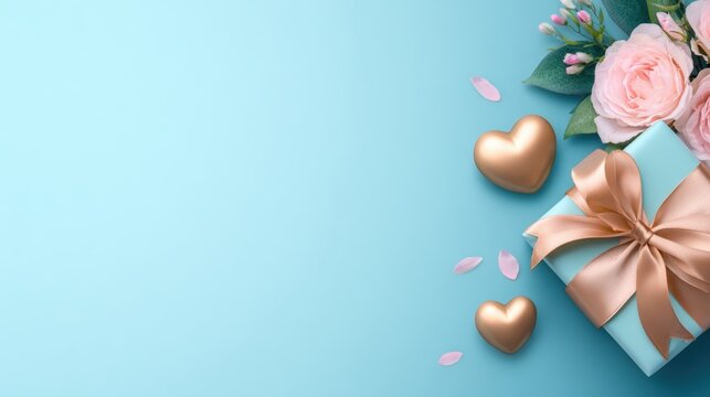 A beautifully wrapped gift box adorned with a golden bow sits beside delicate pink roses and decorative hearts on a soft blue background, ideal for occasions like birthdays or anniversaries,