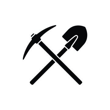 Black silhouette of a pickaxe and shovel crossed on a white background