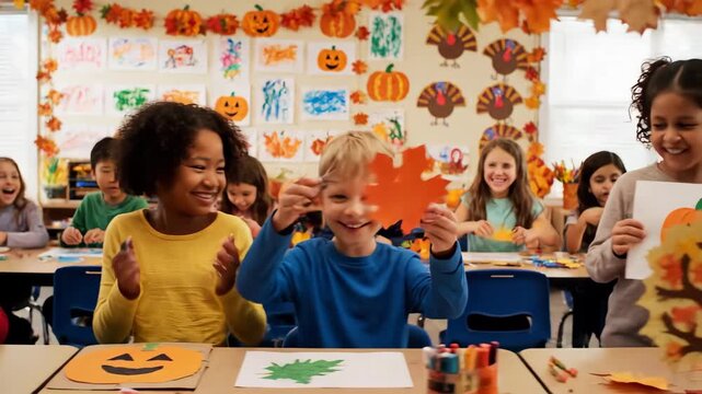 Joyful Children Engaged in Creative Autumn Crafts in a Bright Classroom with Colorful Decorations and Laughter, Celebrating Fall with Paper Leaves, Pumpkins, and Art Supplies on a Sunny Day