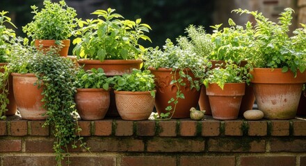 Fototapeta premium Vibrant garden herbs in terracotta pots arranged on a sunny brick wall during the day in a cozy outdoor setting